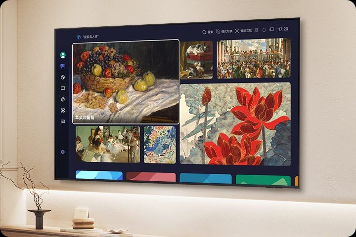 电视屏幕上显示着三星艺术商店，其中显示了几种不同的绘画选项。