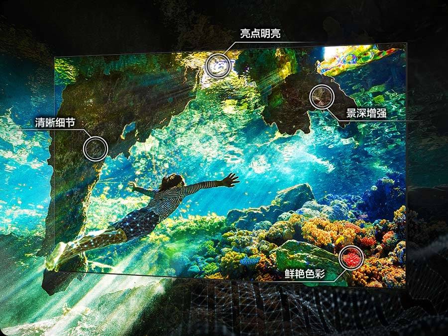 一个孩子在水下场景的画面得到增强，呈现更加明亮的亮点、更加清晰的细节、增强的景深和更加鲜活的色彩。